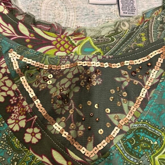 Caribbean Joe women’s green sequin sheer sleeve long‎ sleeve shirt - Picture 4 of 7